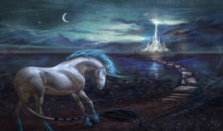 Unicorn - moon, fantasy, white, blue, unicorn, castle, luminos, luna