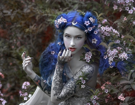 Beauty - woman, agnieszka lorek, moon, girl, model, tattoo, blue, pink, luna, flower