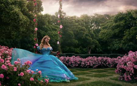 Cinderella - woman, girl, rose, model, chervona vorona, pink, blue, cinderella, swing, garden, flower, dress