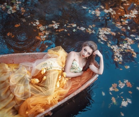 Beauty - woman, lake, girl, water, summer, model, chervona vorona, orange, boat, dress