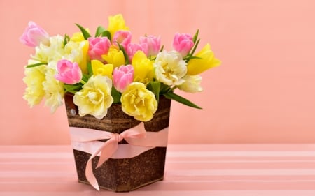 ♥ - yellow, spring, card, flower, bouquet, pink, tulip, daffodil