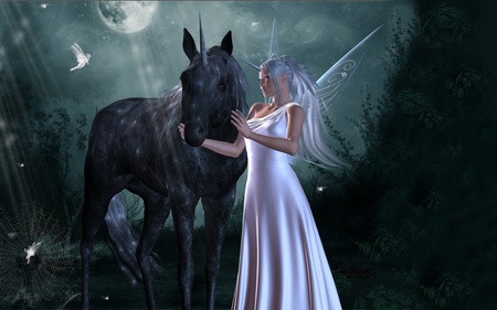 UNICORN WHISPERS - spider web, horse, bird, beauty, artwork, night, unicorn, scenery, moon, fairy, woman, jungle, horns