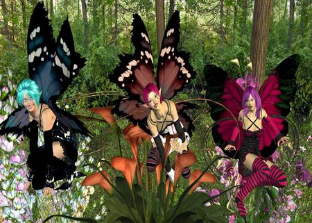 Butterfly Fairies - abstract, trees, butterfly wings, fairies, flowers