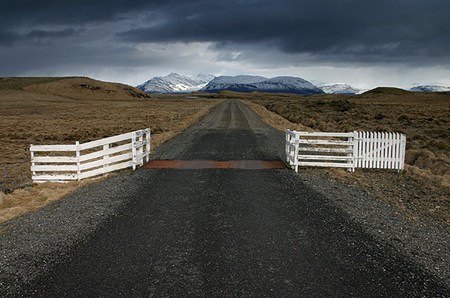 white fence - road, mountains, iceland, fence, sky