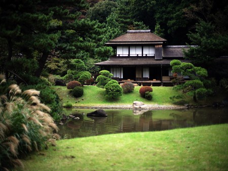 Japanese House - lake, trees, water, nature, japan, forest, green, flowers, garden