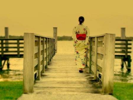 memories - woman, girl, pretty, japan, red, fog, flowers, kimono, sea, dress