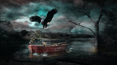 Fishing Time - river, eagles, photoshop, fish, boat