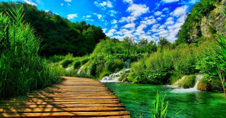 Pemandangan Alam, Indonesia - clouds, path, river, trees, wooden, water, sky