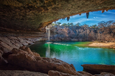 Waterfall in forest - sky, lake, stones, cave, rocks