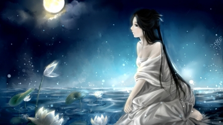 Loneliness - skies, lonely, lilies, sad, blue, woman, sea, dark