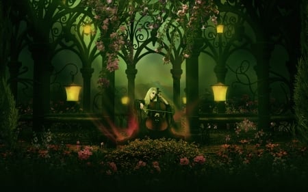 Midnight Melody - flower trees, lamp post, evening, girl, musical, flowers, instrument, lights, bow, cello