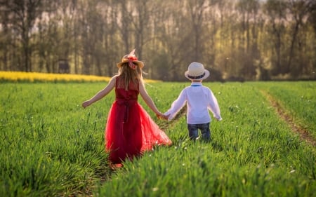 Childhood - girl, hat, boy, joy, summer