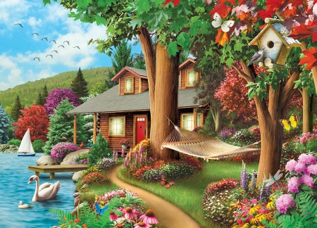 Around the Lake - trees, birds, swan, butterflies, artwork, cabin, hammock, flowers, sailboat, dragonfly