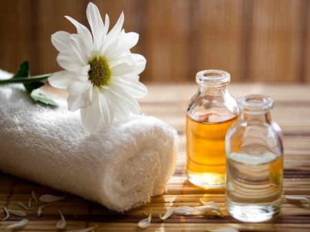 White towel and flower - flower, oil, towel, spa