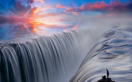 Where the Waves Collide - clouds, people, flow, rock, ocean, nature, waterfall, sun, sky