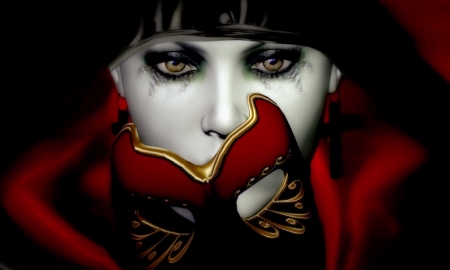 Eyes Behind The Mask - woman, emotions, mask, red, eyes, black