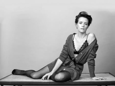 Claire Foy - bra, Foy, Claire, legs, Claire Foy, beautiful, hot, sweater, actress, foot, stockings, model, 2019, wallpaper, black white