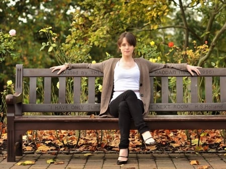 Claire Foy - foy, actress, hot, shirt, bench, wallpaper, heels, slacks, model, sweater, claire, 2019, claire foy, beautiful