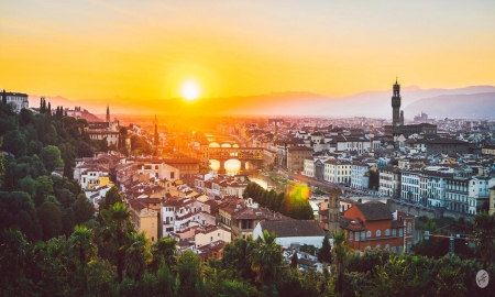 Florence - clouds, Florence, trees, cars, city, homes, mountains, sun, building, bridge