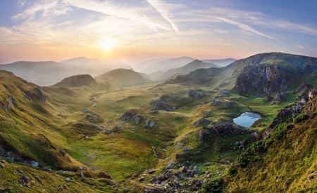 Simply Beautiful - hills, clouds, sun, water, roads, mountains, grass, rocks