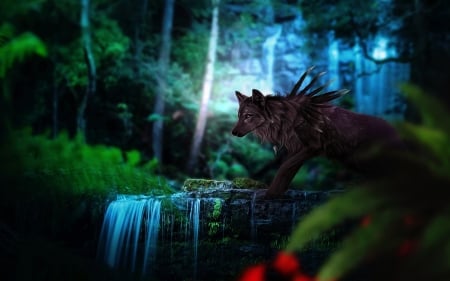 Black Wolf With Waterfall - Water, Black, Flowers, Waterfall, Wolf