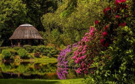 Blooming garden - blooming, trees, park, greenery, gazebo, reflection, beautiful, pond, garden