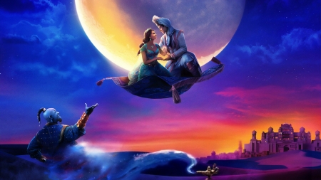 Aladdin 2019 - moon, jasmine, poster, blue, pink, orange, aladdin, fantasy, genie, movie, couple, disney