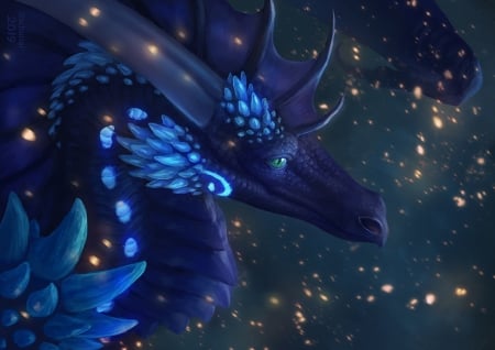 Among the stars - wings, fantasy, dschunai, star, dragon, luminos, blue