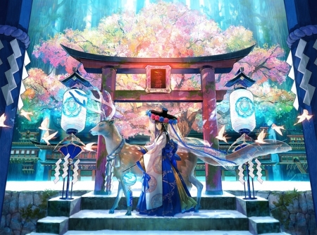 :) - girl, wings, deer, horns, fuji choko, pink, blue, anime, temple, manga