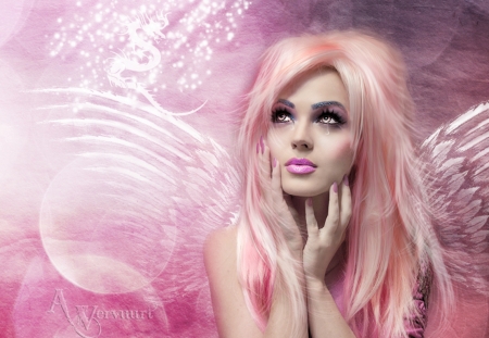 crying angel - fantasy, wings, girl, angel, pink, annemaria48