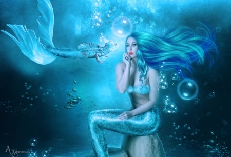 Mermaid - annemaria48, girl, mermaid, blue, water, bubbles, fantasy