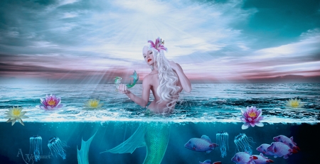 Mermaid - lotus, fantasy, water, mermaid, blue, girl, fish, annemaria48