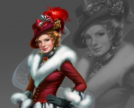 Beauty - fur, craciun, owlstudio, hat, girl, iarna, winter, fantasy, christmas, luminos, red, feather, owl studio