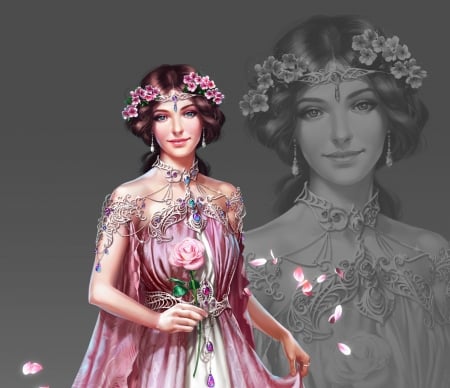 Princess - princess, girl, owlstudio, frumusete, rose, fantasy, luminos, pink, owl studio, flower