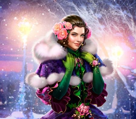 Beauty - winter, blue, owl studio, flower, pink, owlstudio, superb, frumusete, fantasy, purple, gorgeous, green, iarna, luminos