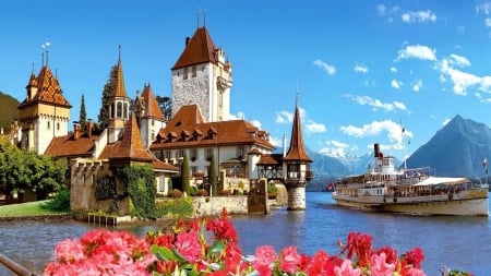 Switzerland - boats, flowers, lake, houses