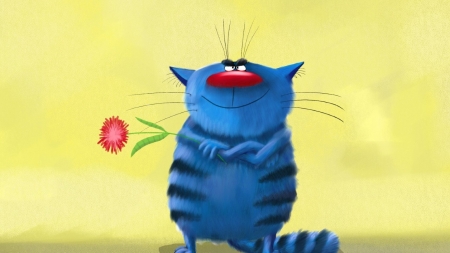 Grumpy Cat - art, cat, red, blue, stripes, digital, black, flower