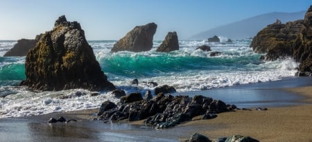 Ocean Waves - horizon, beach, waves, ocean, sand, rocks, sky