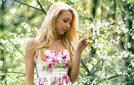 Spring - Woman, Trees, Blonde, Flowers, Spring, Dress