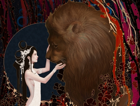 Strenght - brown, leu, maiden, tarot, girl, casimir lee, strenght, black, fantasy, beauty and the beast, red, lion, luminos