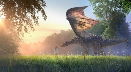 Dragon at sunset - wings, fantasy, dragon, chrisscalf, luminos, sunset, girl, green