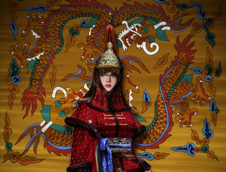 Jonseong Dynasty - choong yeol lee, fantasy, yellow, red, girl, art, luminos