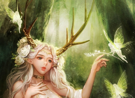 Fairies - girl, fantasy, dahyeon seo, horns, dryad, forest, luminos, green, fairy