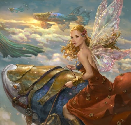 Heavenly guide - dopaprime, summer, livia prima, girl, flying, frumusete, fantasy, wings, cloud, fairy, fish, vara, luminos, sky