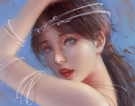 Princess - princess, trungbui42, girl, frumusete, jewel, fantasy, face, art, luminos, blue