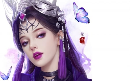 Princess - girl, fanxiu, jewel, frumusete, fantasy, asian, face, butterfly, purple, fan xiu, pink, luminos