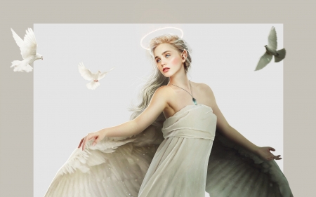 Angel - bird, dove, hosne qanadelo, girl, frumusete, wings, white, fantasy, pasari, luminos, angel