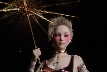 Girl holding a parasol - black, fantasy, mark chang, parasol, girl, pink, luminos