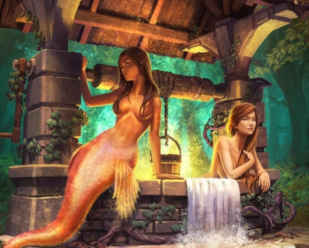 Mermaids - yasumatsuoka, fantasy, wishing well, mermaid, couple, luminos