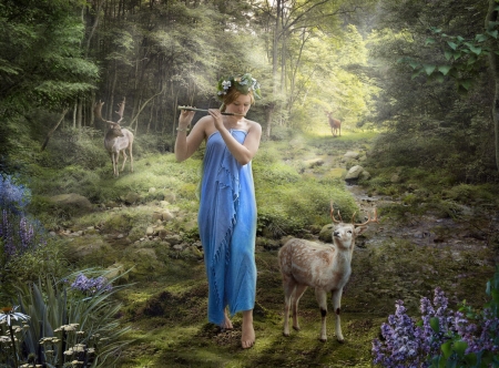 Charming melody - fantasy, blue, green, deer, flute, girl, watanska, luminos